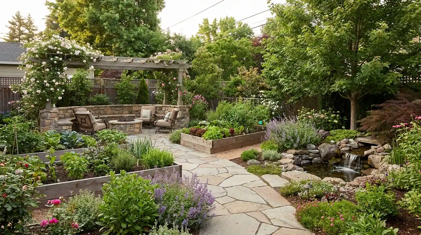 garden layout with curved path, raised beds, seating area, plants, and water feature in a backyard
