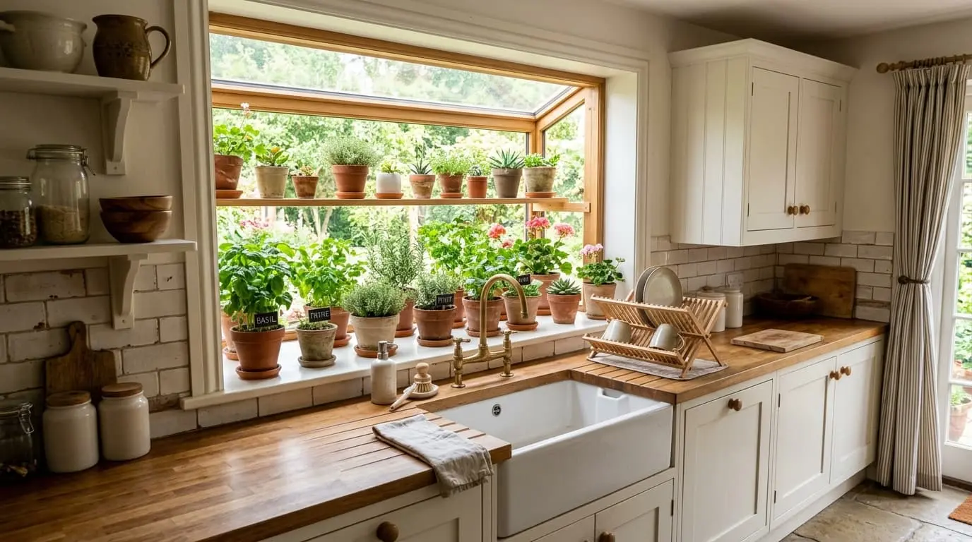 garden window above kitchen sink with herbs plants and bright sunlight from glass sides