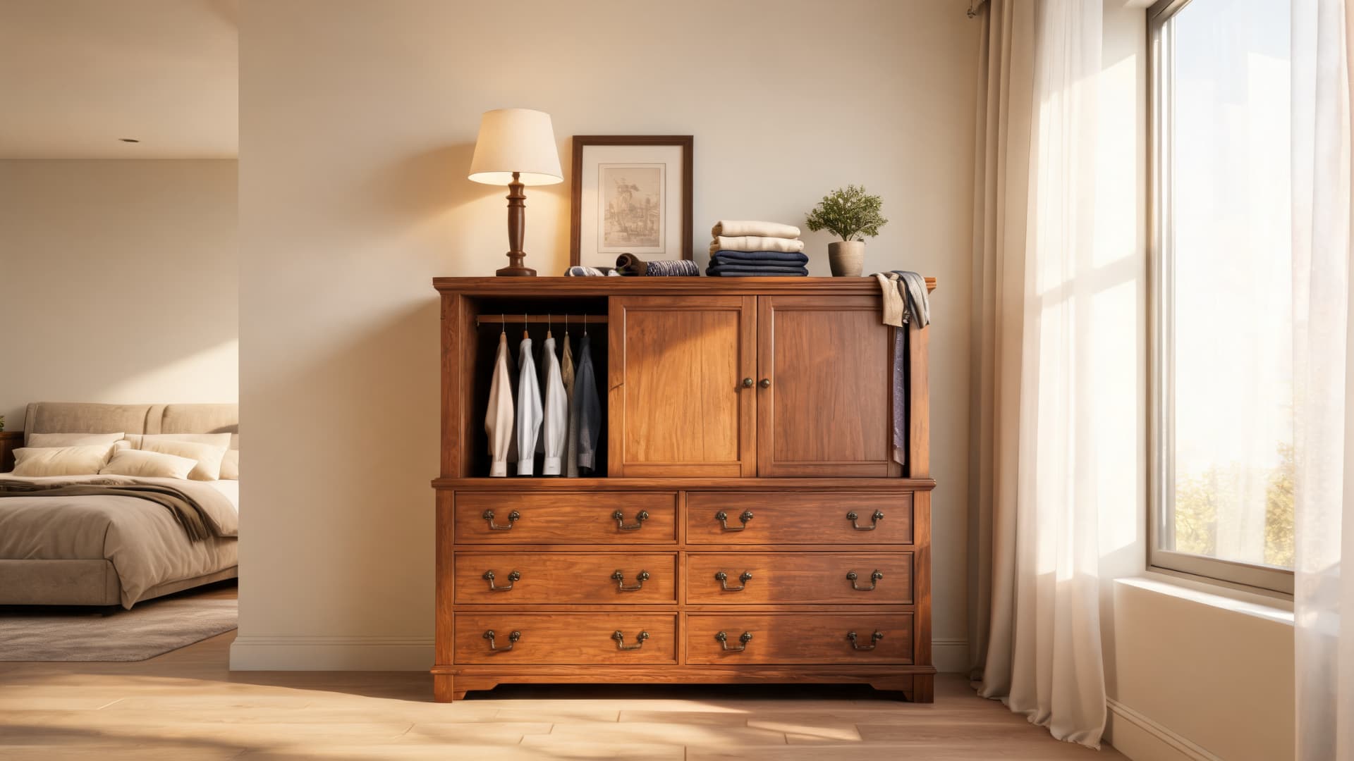 sunlit bedroom with classic gentleman's chest combining drawers cabinet storage and elegant wardrobe style organization