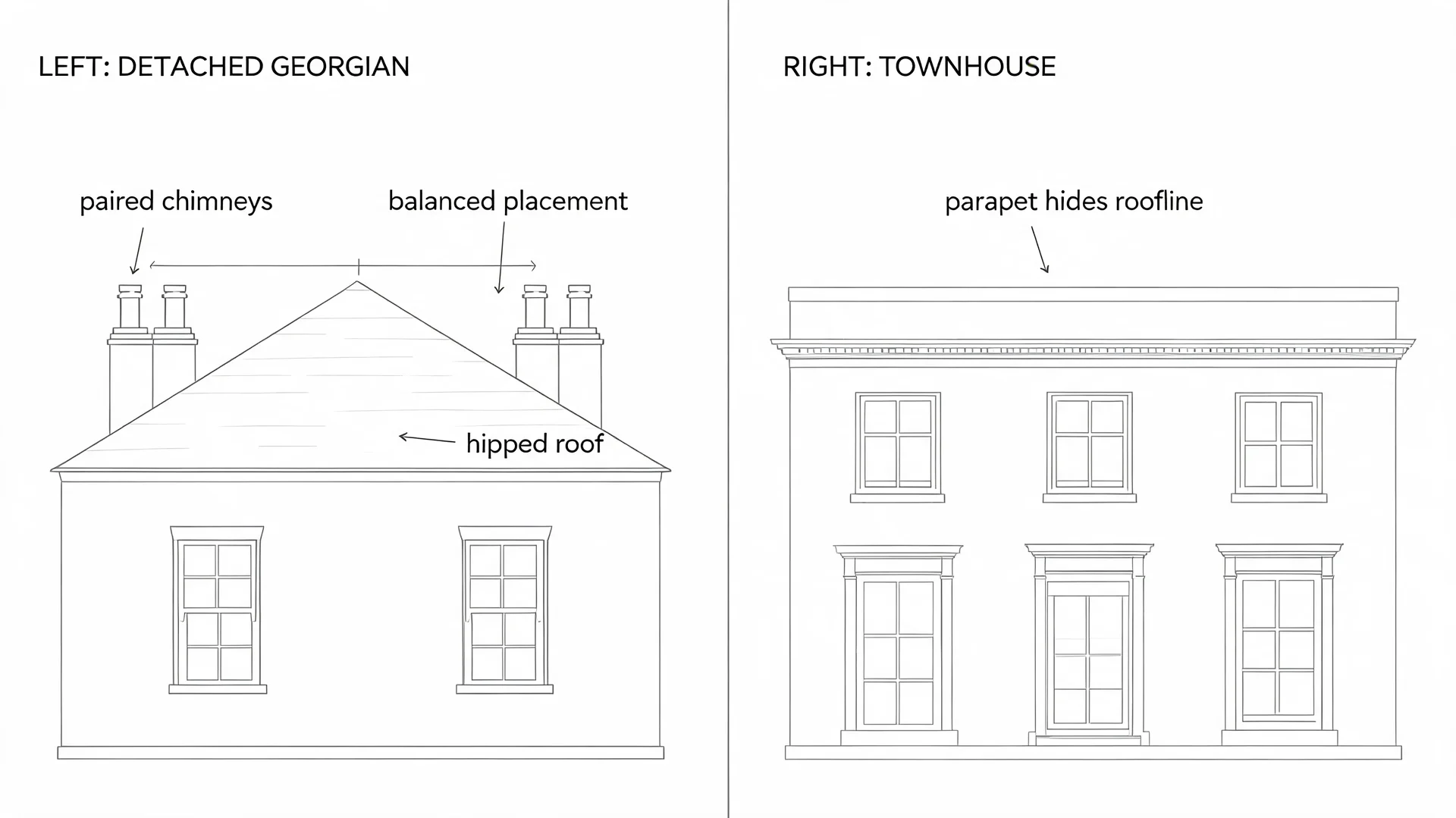 Georgian architecture roof diagram showing hipped roof, paired chimneys, balanced placement, and parapet roofline.