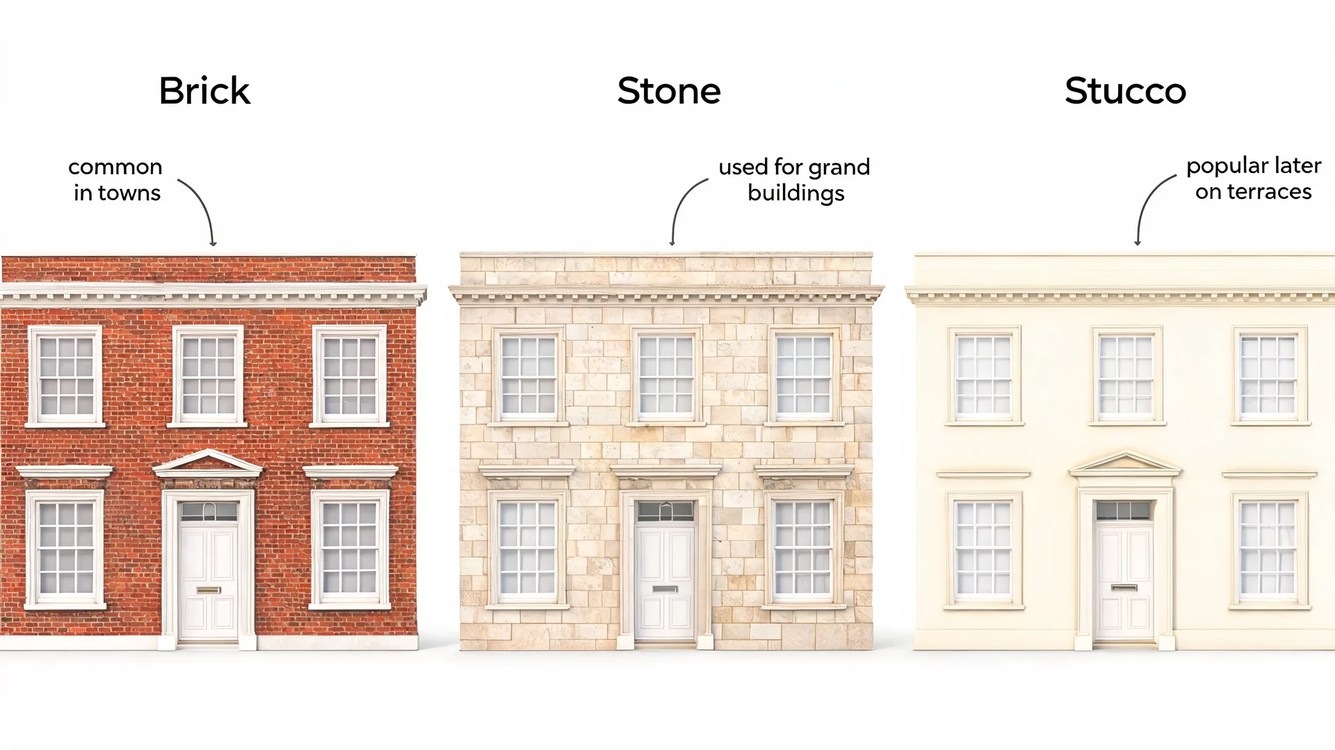 Georgian architecture exterior diagram comparing brick, stone, and stucco facades with balanced windows and central doors.