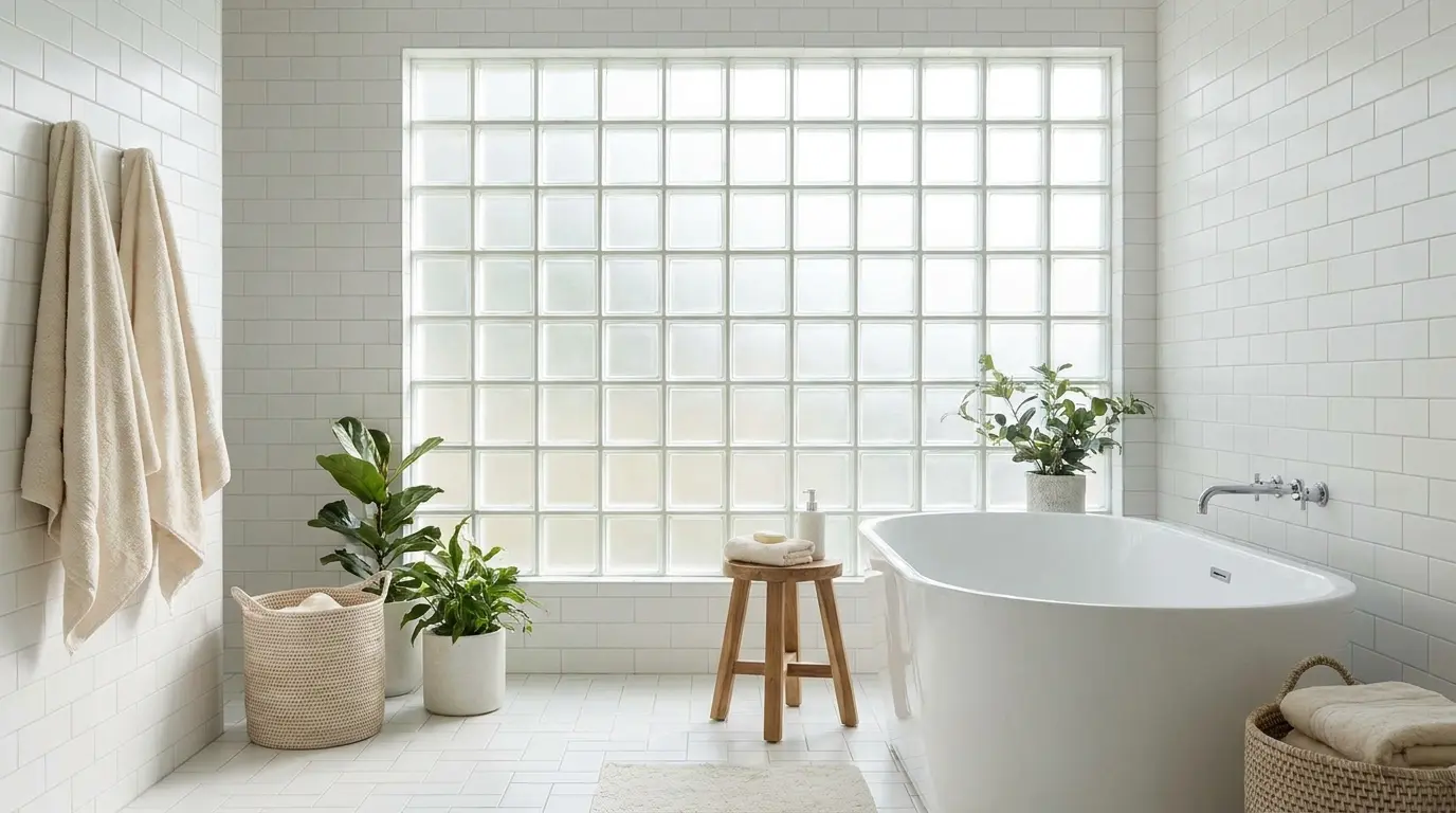 glass block window in bathroom giving privacy and soft natural light through textured glass