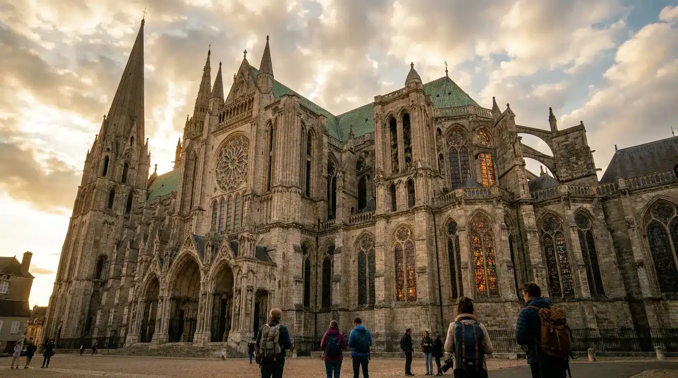 gothic cathedral with towering spires stained glass and travelers below