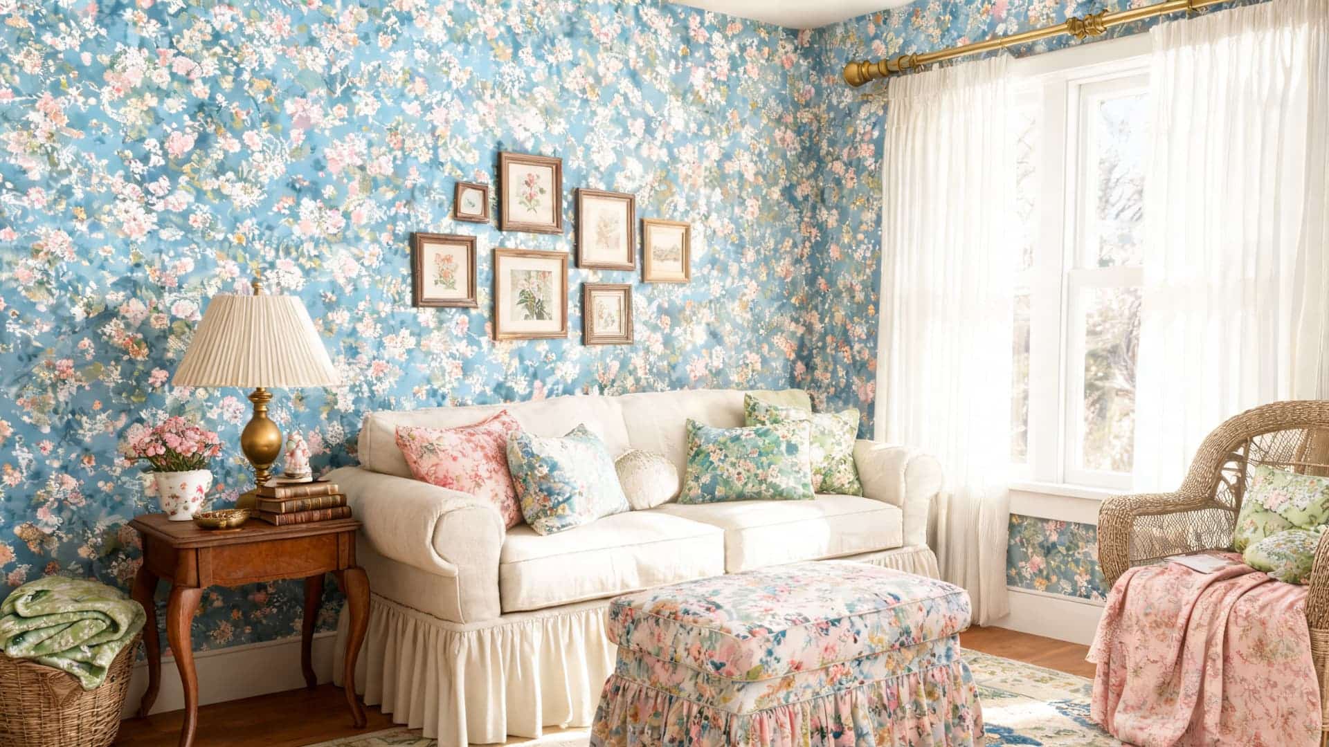 grand millennial living room with blue floral wallpaper, white sofa, wicker chair, skirted ottoman, and soft curtains