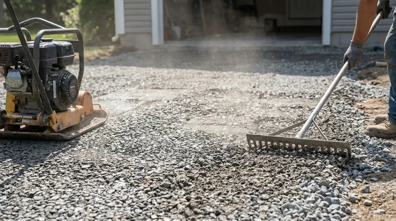 gravel base being spread and compacted to support a new residential asphalt driveway