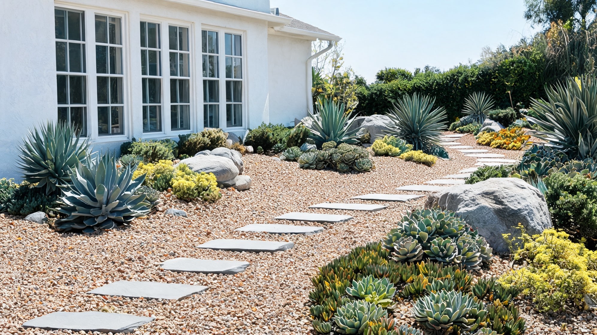 front lawn ideas with gravel beds agave succulents boulders stepping stones and drought tolerant plants