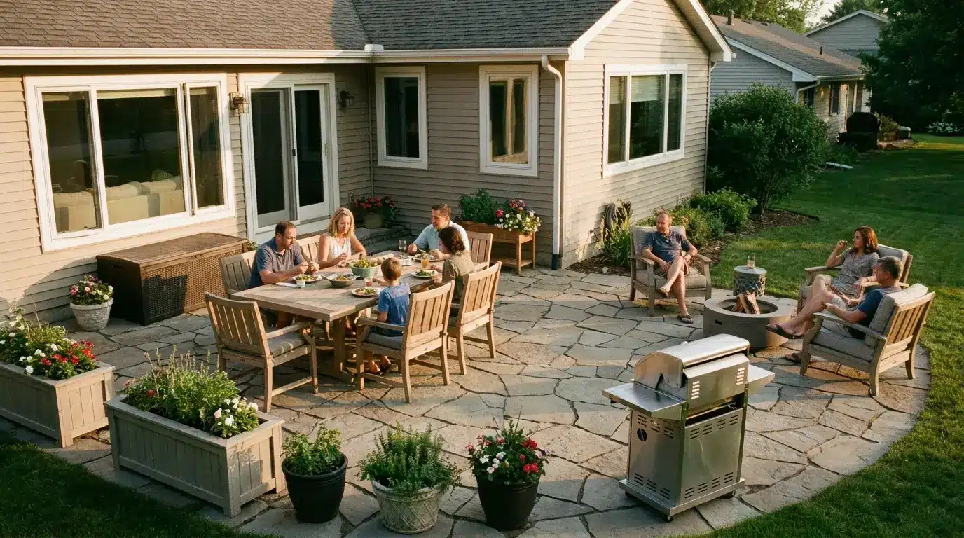 ground level patio with cozy seating beside the house showing a calm outdoor gathering spot at sunset