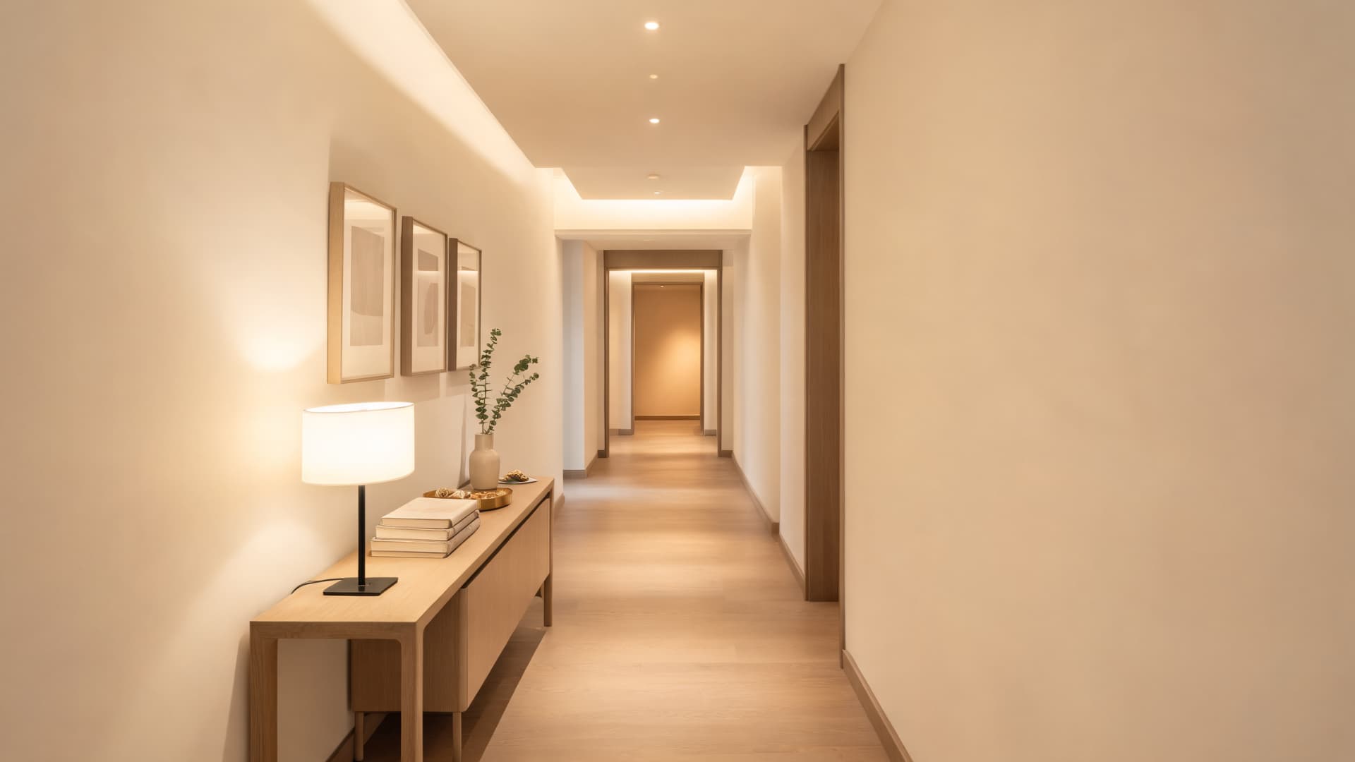 modern hallway console table styling with warm lighting framed art and minimal decor accents