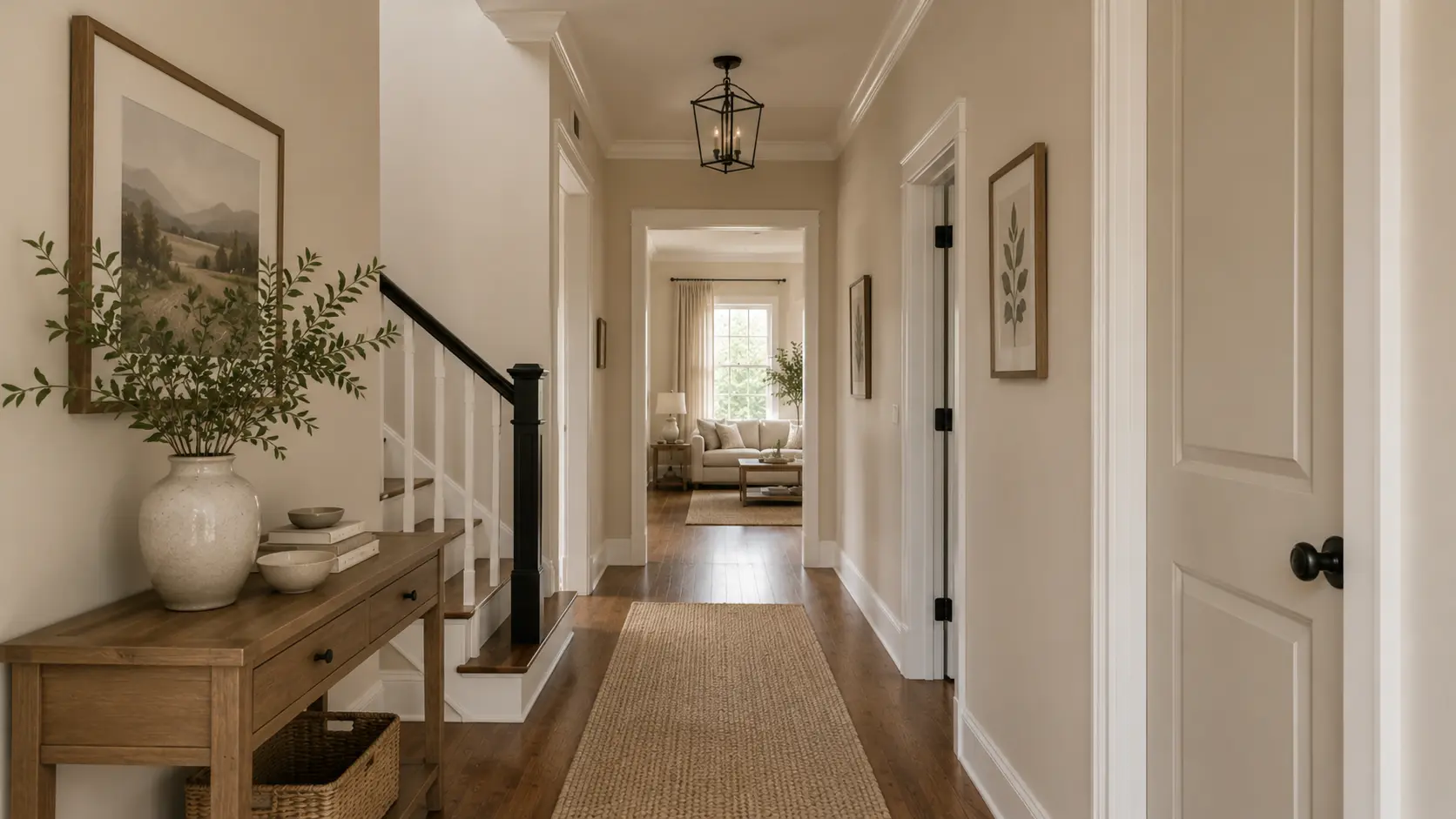 hallway with bungalow beige walls wood flooring white trim black hardware and console table