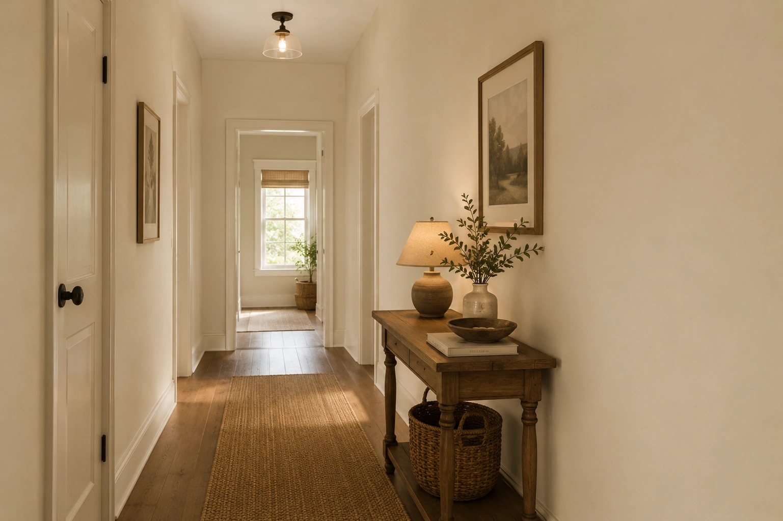 hallway with manchester tan hc-81 walls, warm white trim, wood console table, and soft overhead lighting