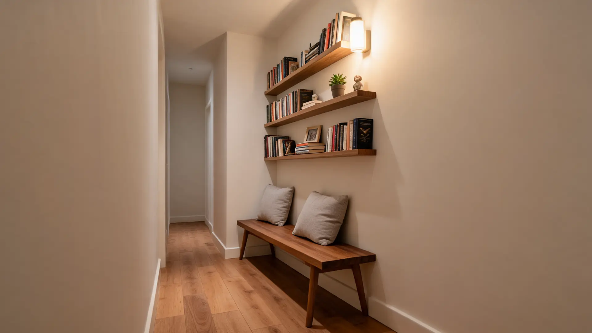 hallway reading nook with narrow bench shallow bookshelves and wall light