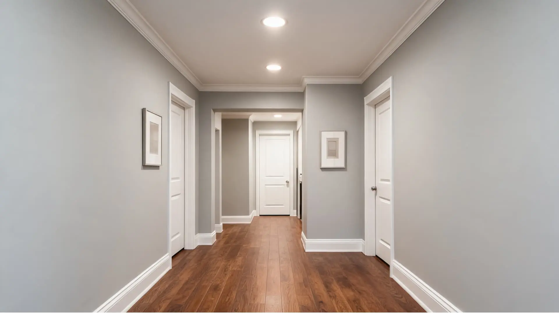 hallway with benjamin moore gray owl-inspired light gray walls, white trim, wood flooring, warm, lighting, and simple wall art
