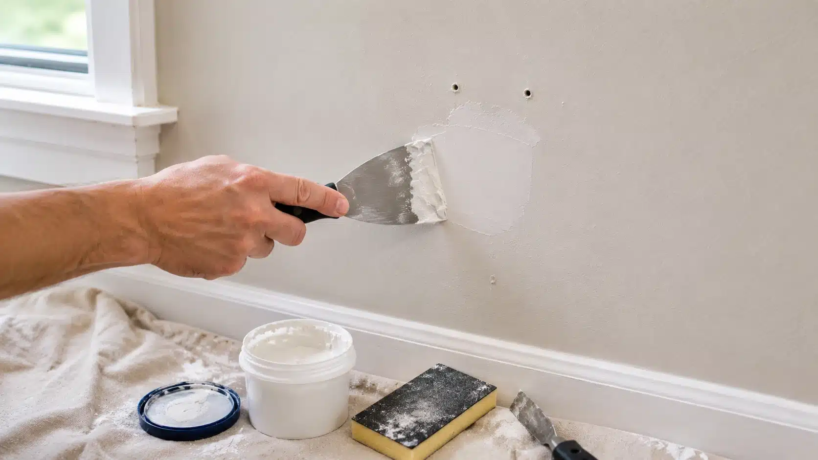 hand applying spackle to small wall holes with tools nearby, a simple diy home projects repair for indoor walls