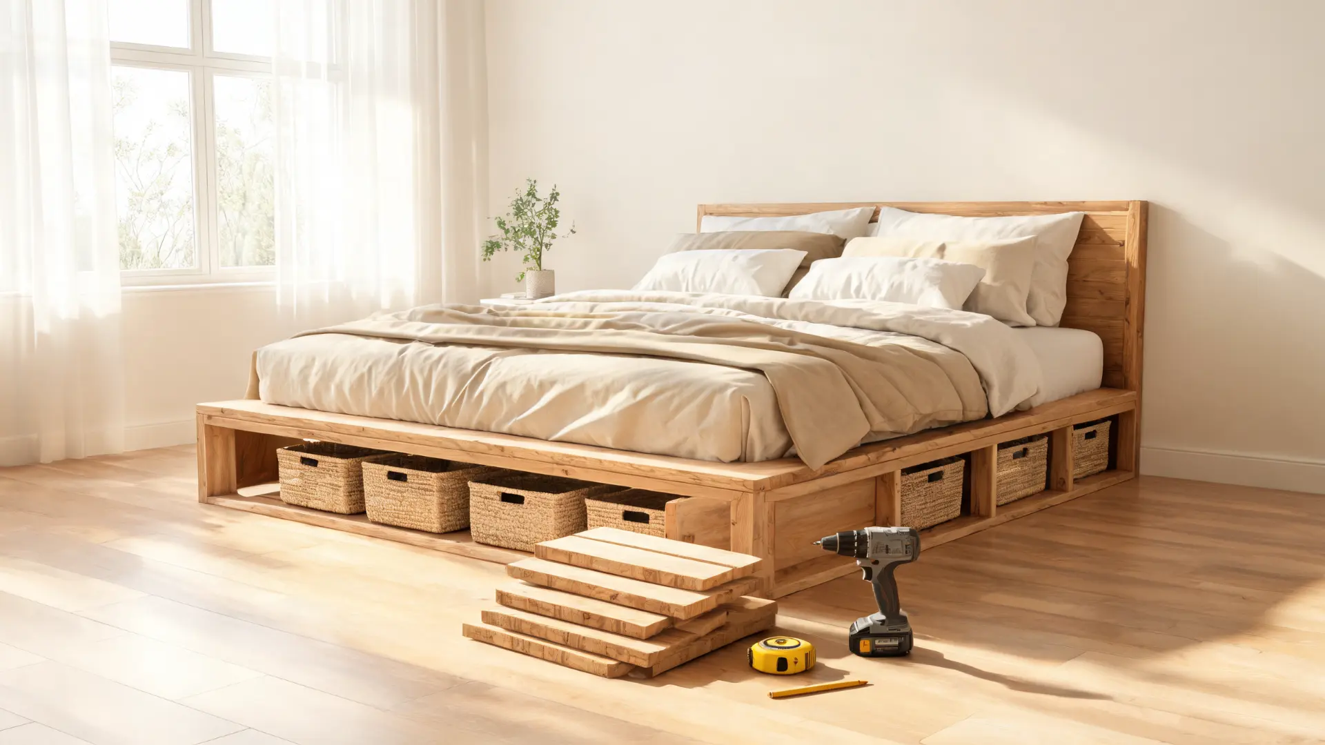 handmade wooden platform bed frame in a bright modern bedroom with neutral bedding, under bed storage baskets, and diy tools nearby