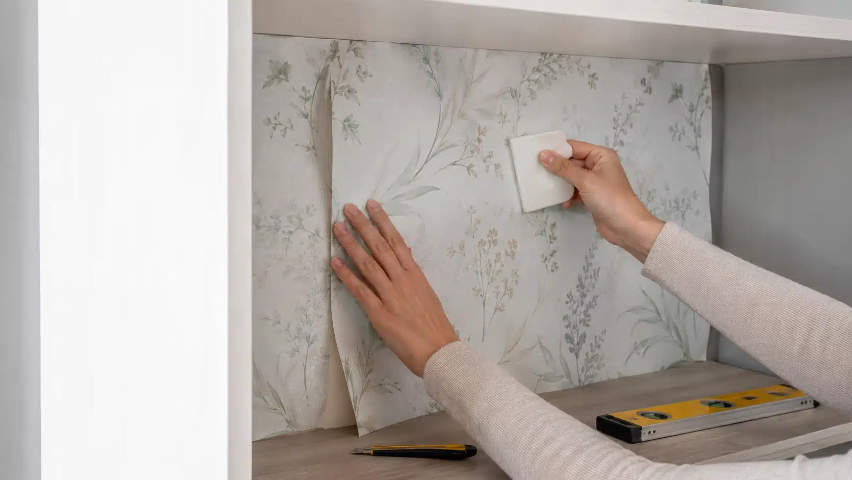 hands applying floral wallpaper inside a cabinet during diy home projects, with a level and utility knife on the shelf