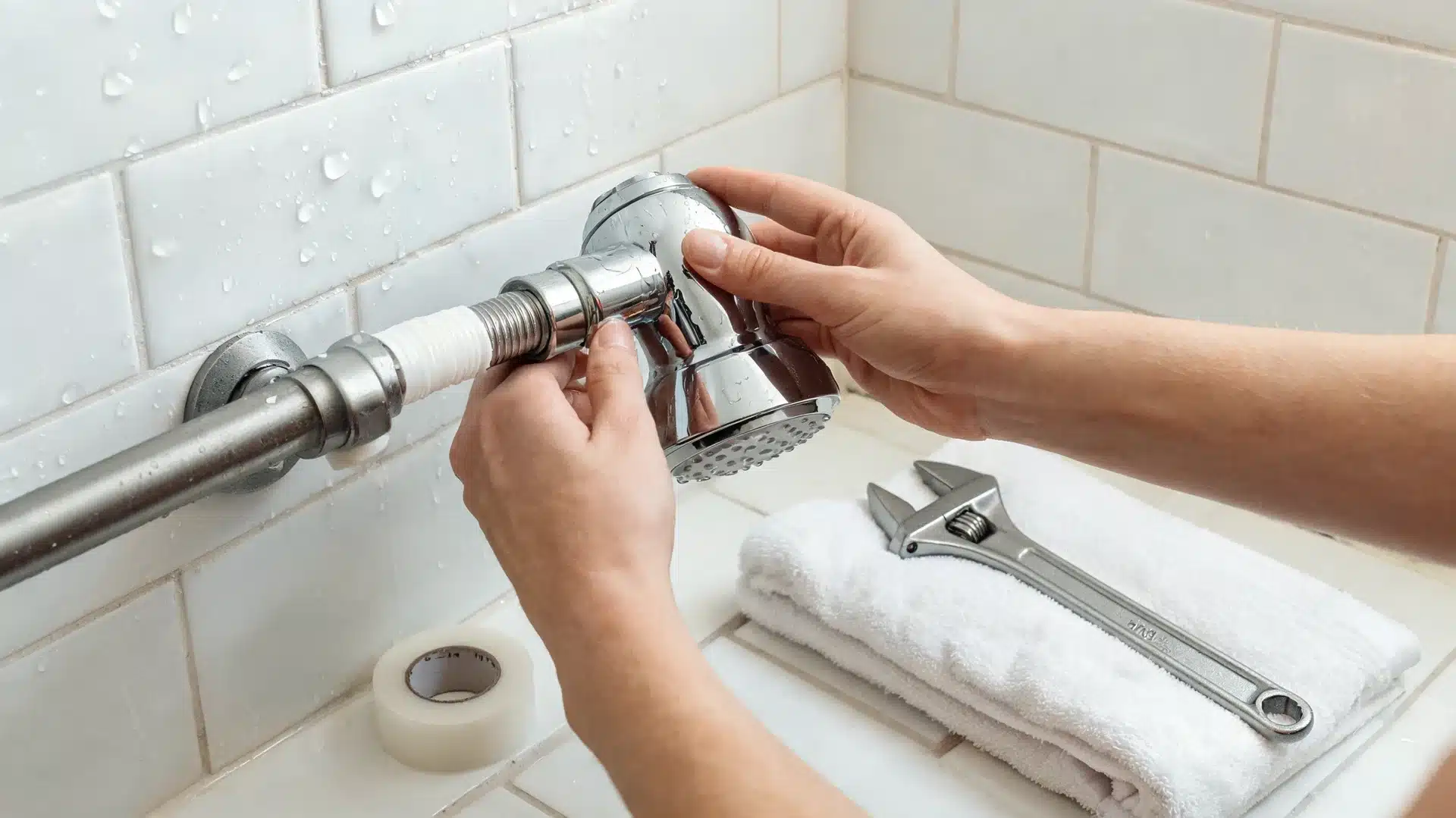 hands installing a chrome shower head with plumber’s tape and wrench, a practical diy home projects bathroom upgrade