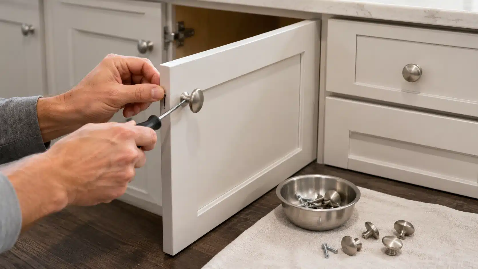 hands installing brushed metal cabinet hardware on white drawers, a simple diy home projects upgrade for kitchens