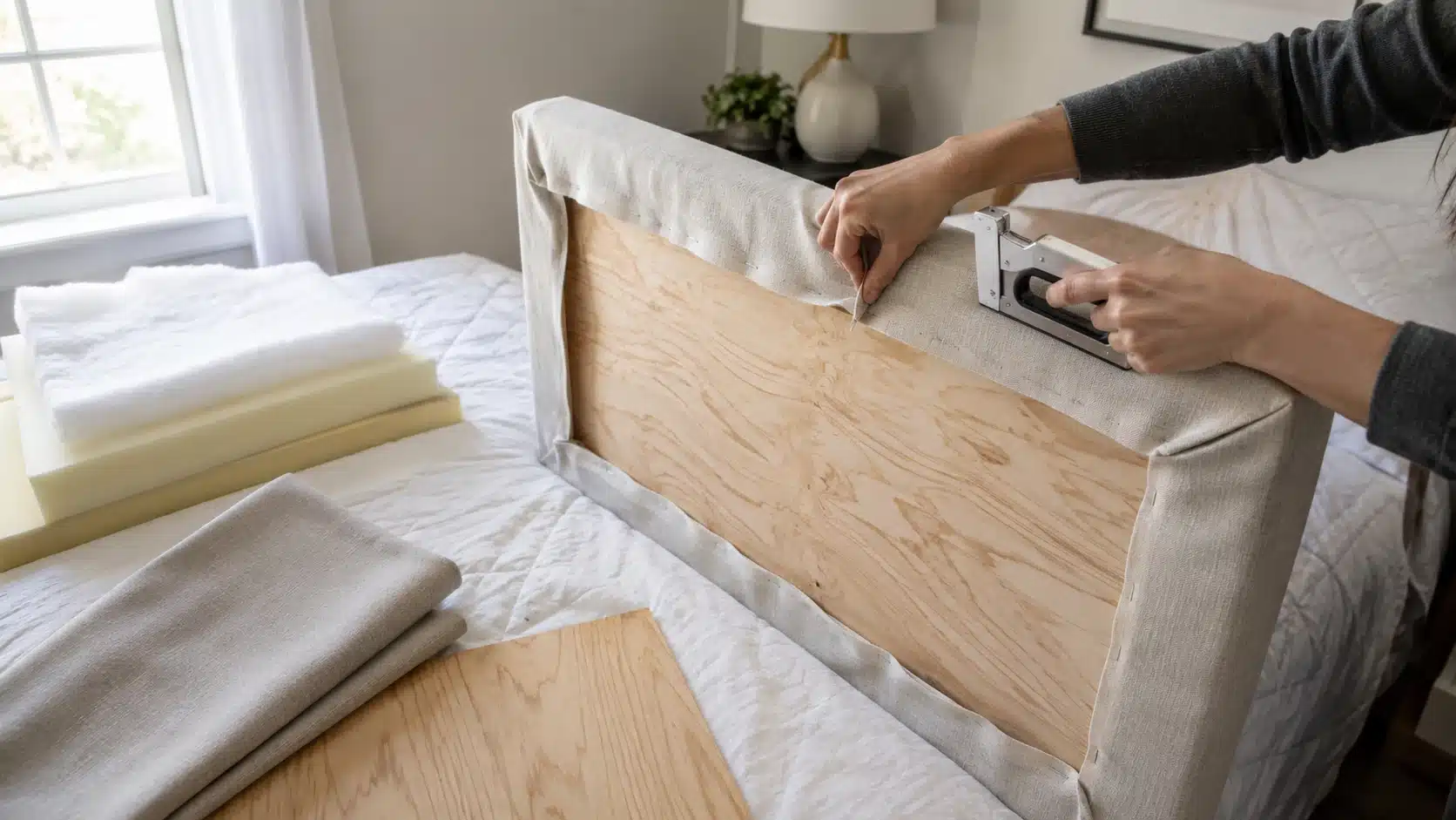 hands stapling fabric to a padded headboard for diy home projects, with wood, foam, and fabric pieces on bed