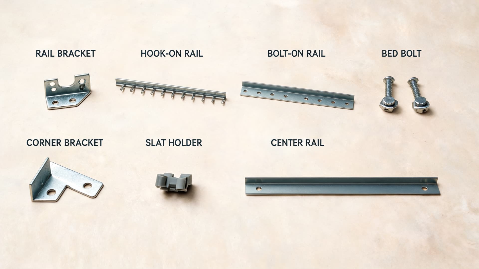 bed frame hardware parts laid out with labels for brackets rails bolts slat holder and center rail