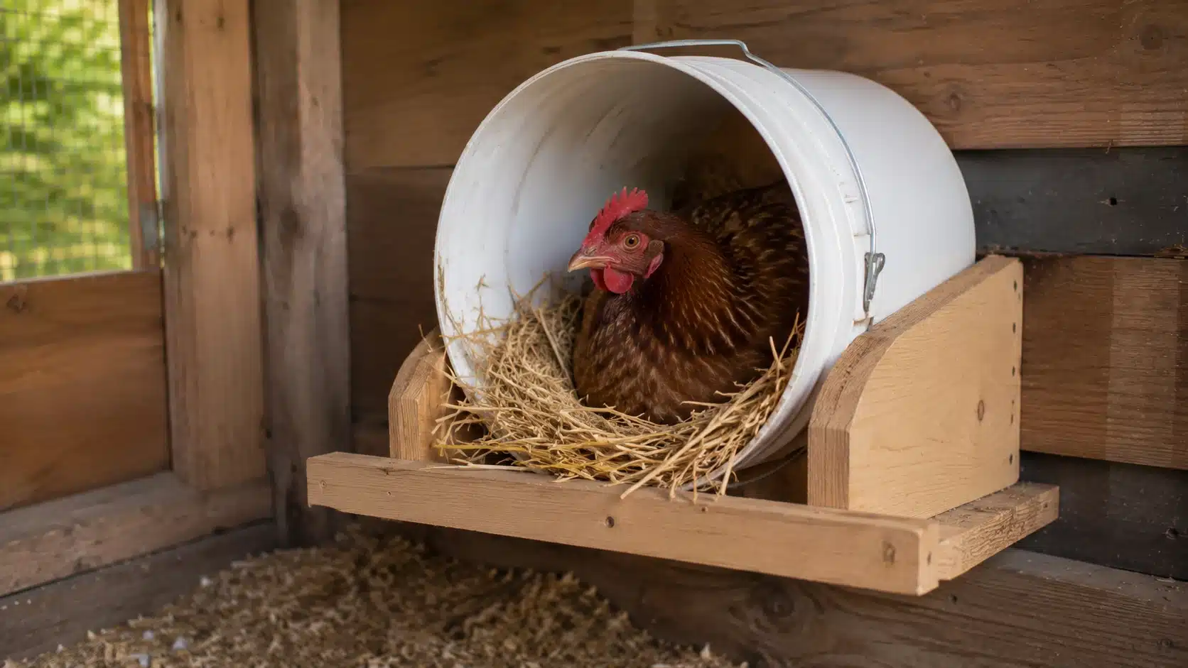 hen using a converted five gallon bucket nesting box with fresh straw inside a chicken coop