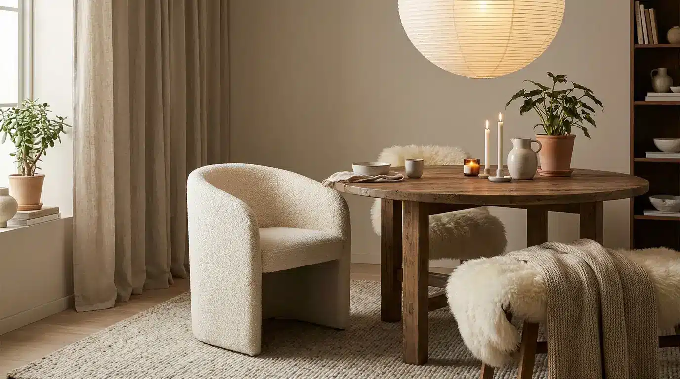 modern tub dining chair with rounded back in cozy contemporary dining room with soft warm interiors