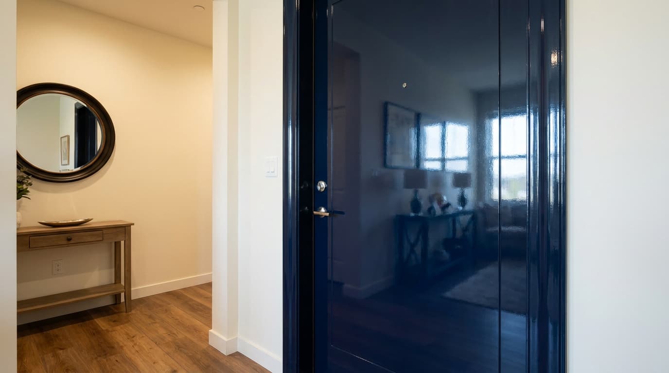 high gloss deep navy door with glasslike reflection and smooth polished texture near painted trim