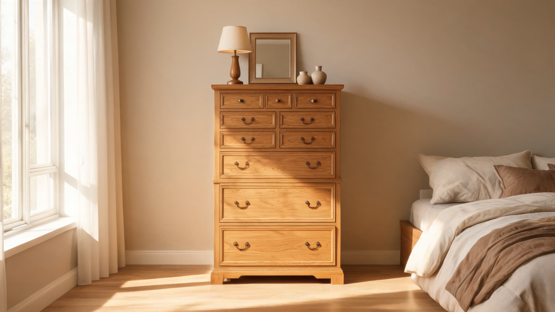 sunlit bedroom with classic wooden highboy dresser warm neutral decor and elegant traditional storage design