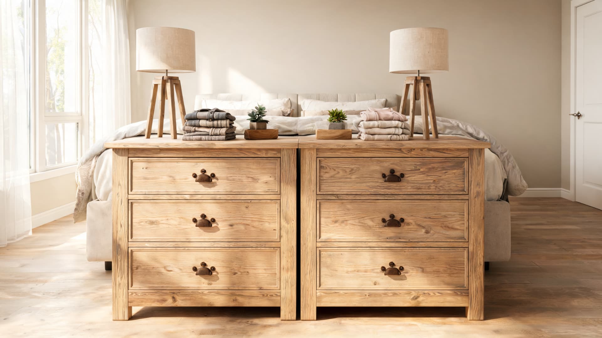 sunlit shared bedroom with matching wooden his and hers dressers cozy neutral decor and balanced rustic storage design
