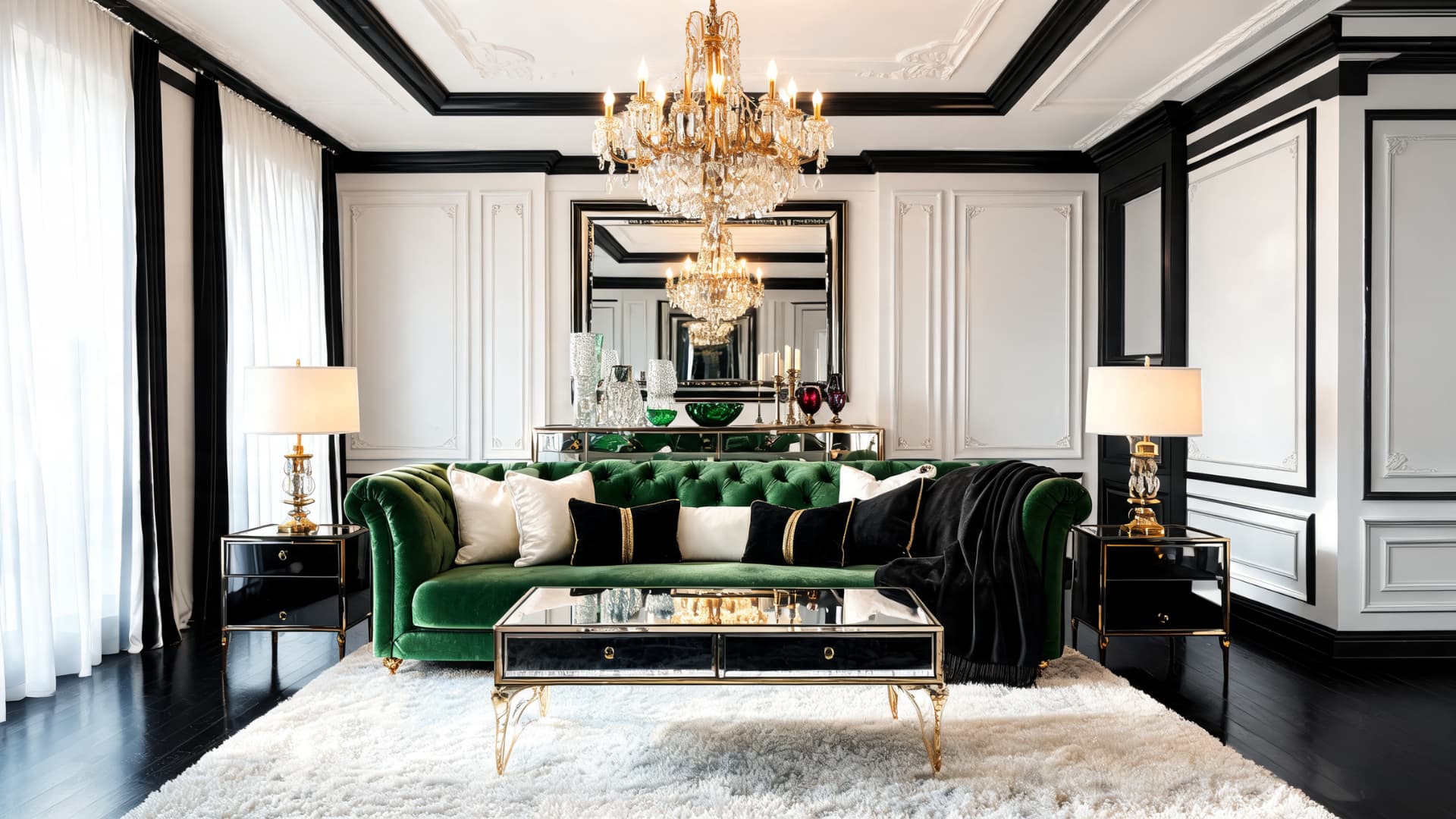 hollywood regency living room with emerald velvet sofa, crystal chandelier, mirrored furniture, and black trim