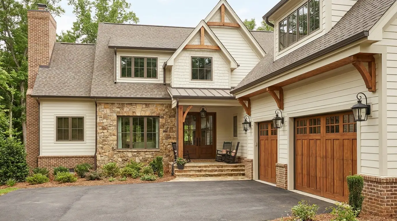 Home exterior painted in White Duck with stone accents, warm wood details and trim