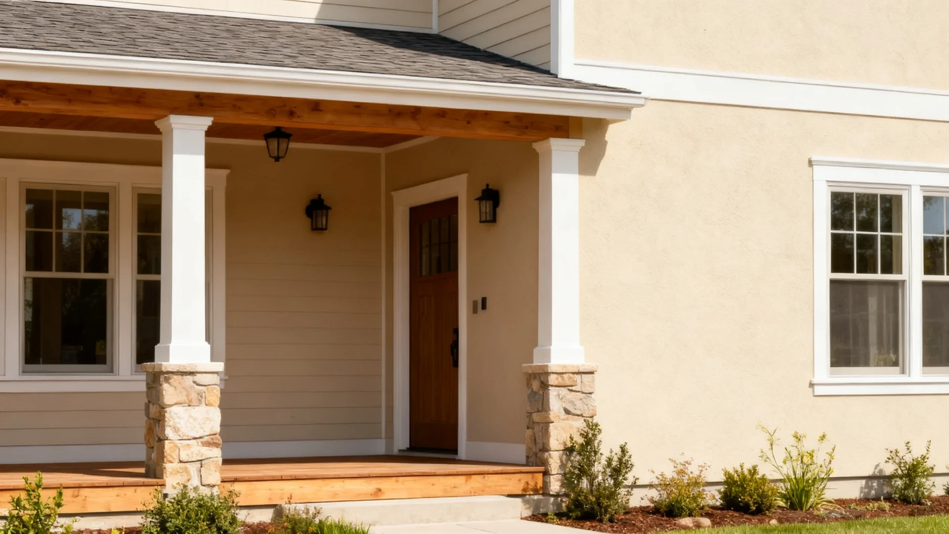 home exterior with natural linen siding, warm white trim, wood accents, stone details, and natural daylight