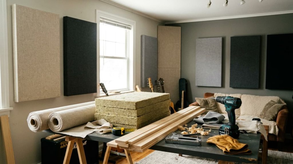 home studio with finished diy acoustic panels beside tools fabric wood frame and speaker setup