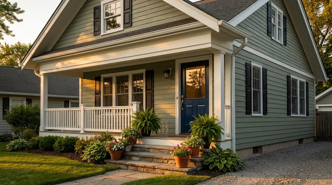 home exterior with low sheen siding semigloss trim satin shutters and glossy front door