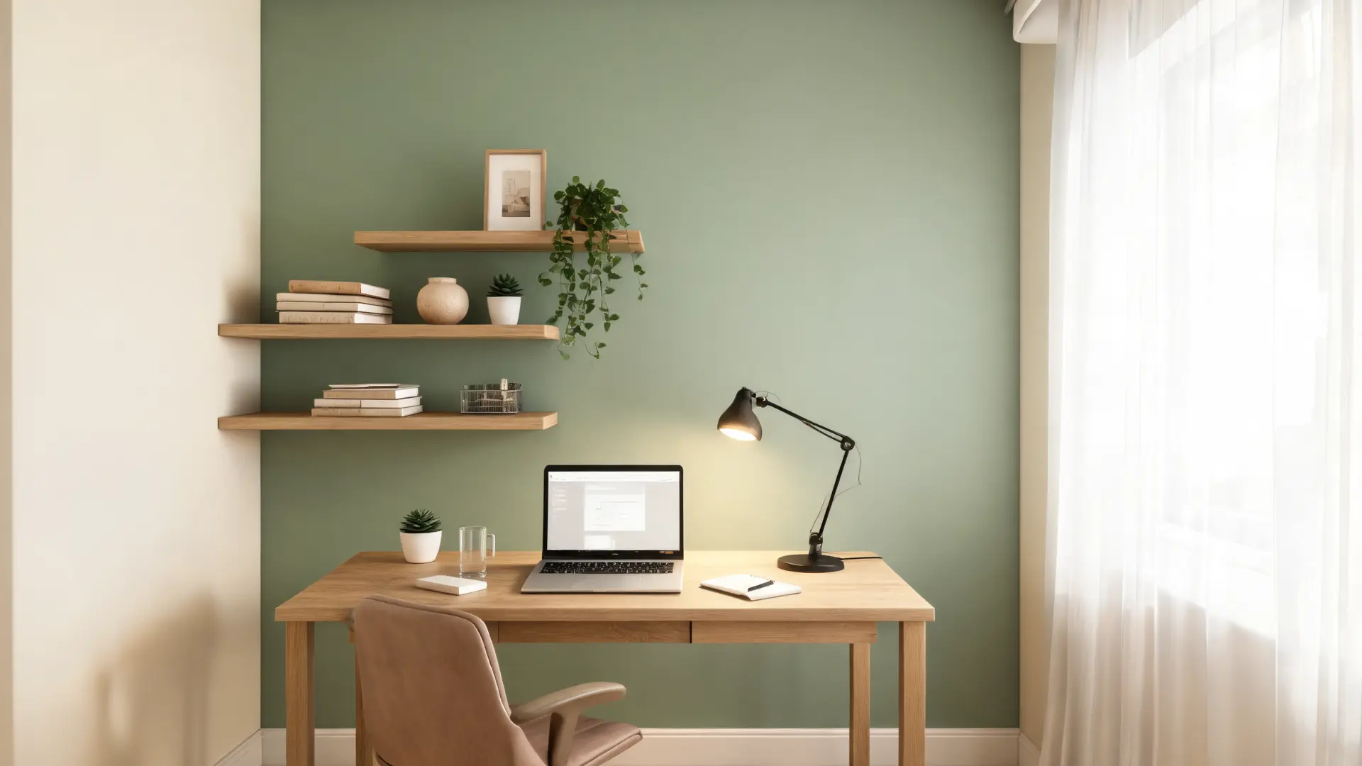 home office with a calm accent wall behind the desk, organized shelves, and a clean, focused workspace