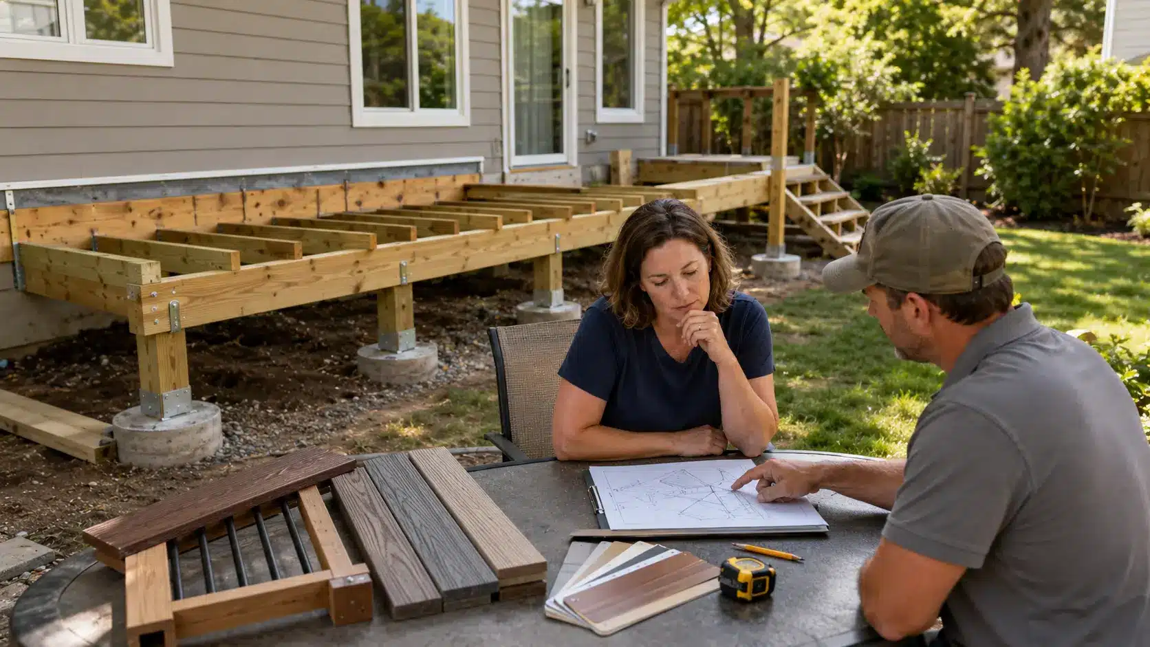homeowner and contractor review deck quote