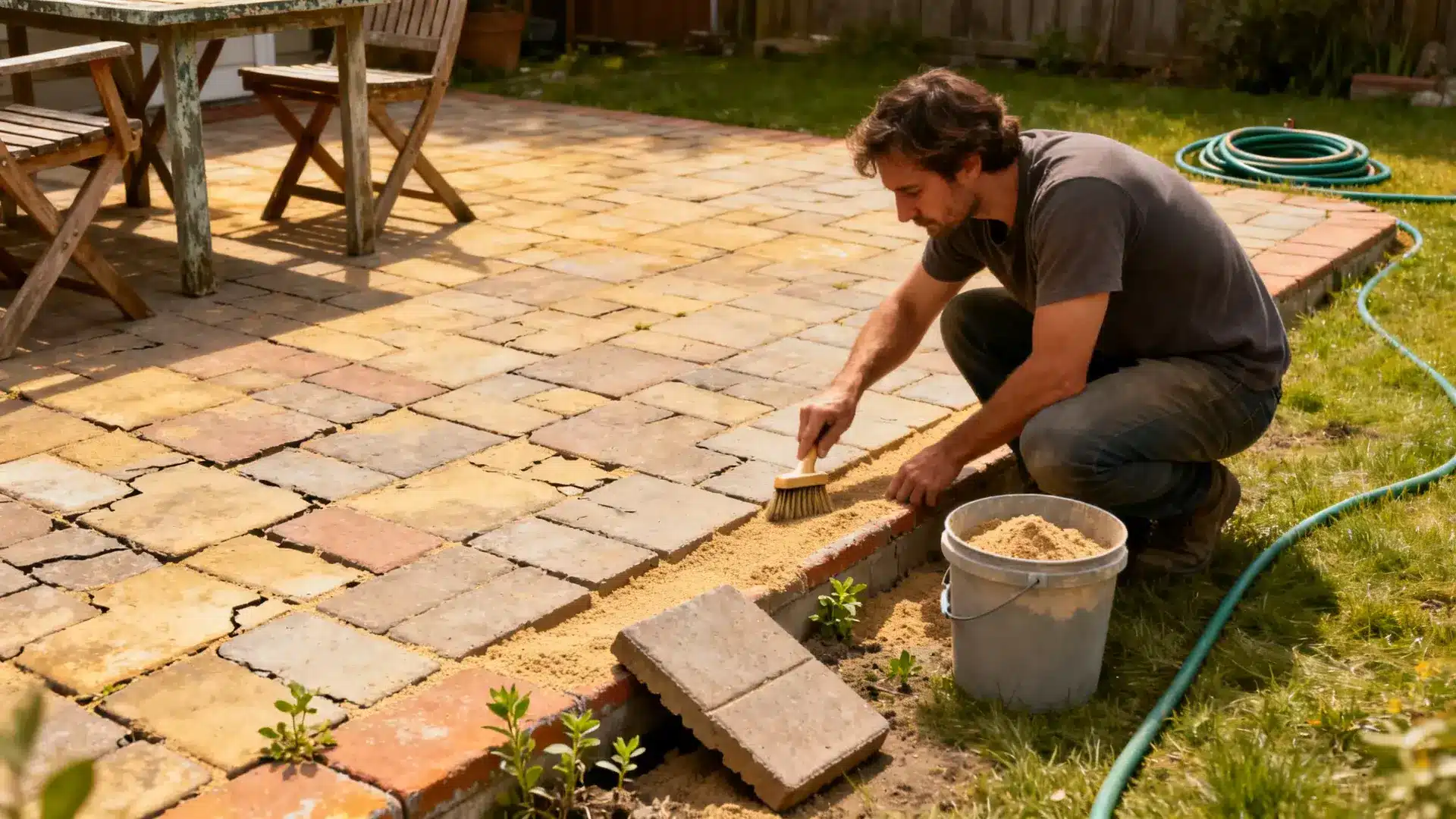 homeowner brushing joint sand on a finished paver patio to show maintenance repair and long term value