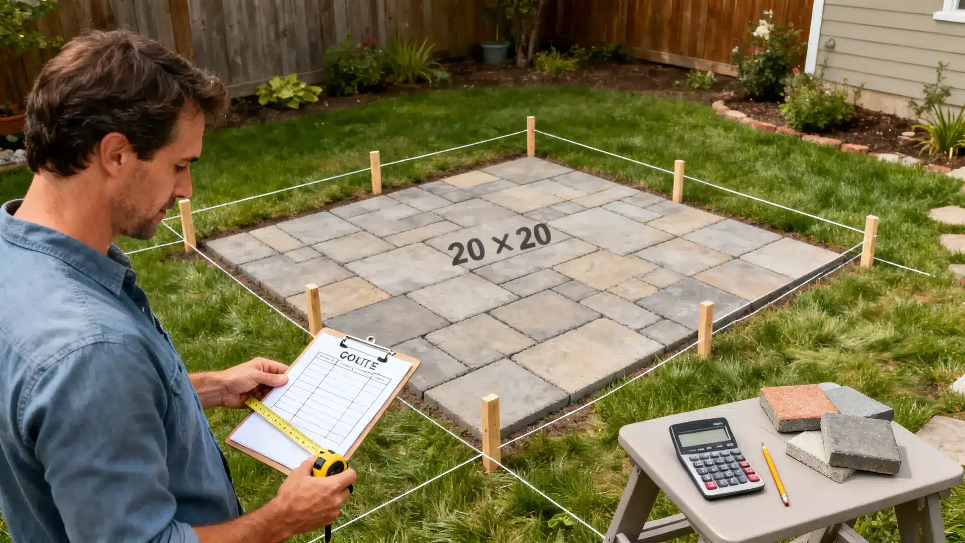 homeowner checking a 20 x 20 patio layout with stakes tape measure and quote papers in a backyard