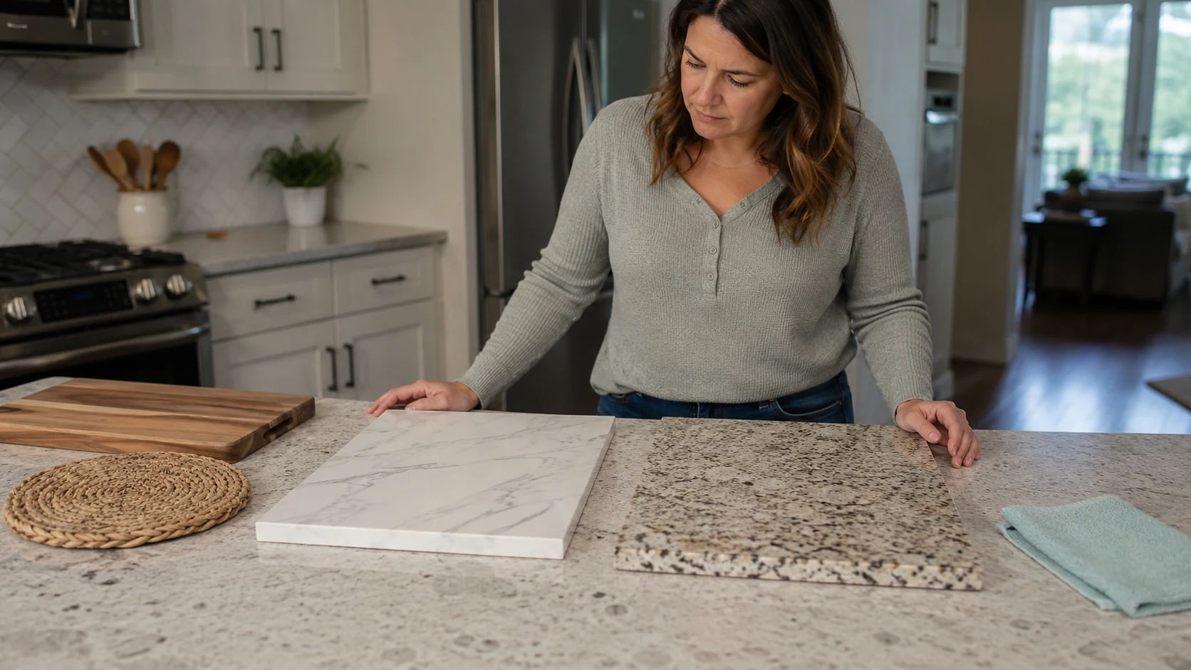 Homeowner comparing a painted countertop sample to a real granite sample before a kitchen update