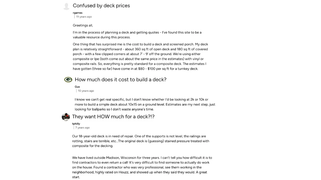 homeowner forum comments showing real deck price questions and quote comparisons