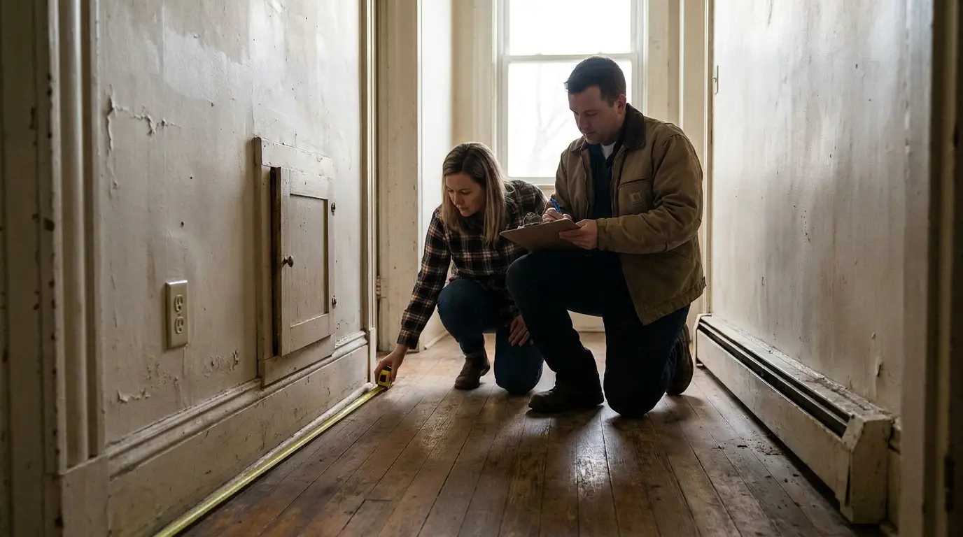homeowner measuring hallway wall while electrician estimates electrical rewiring cost per square foot