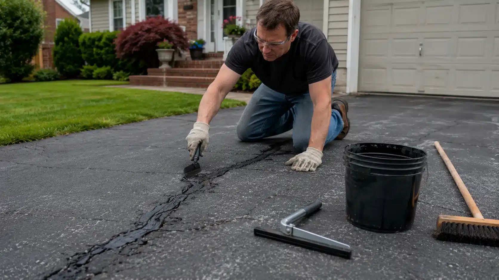homeowner repairing cracked asphalt driveway with diy tools and filler for driveway repair guide