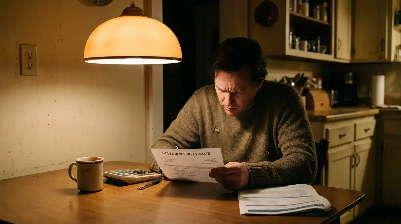homeowner reviewing a house rewiring estimate at a kitchen table with notes calculator and inspection report nearby