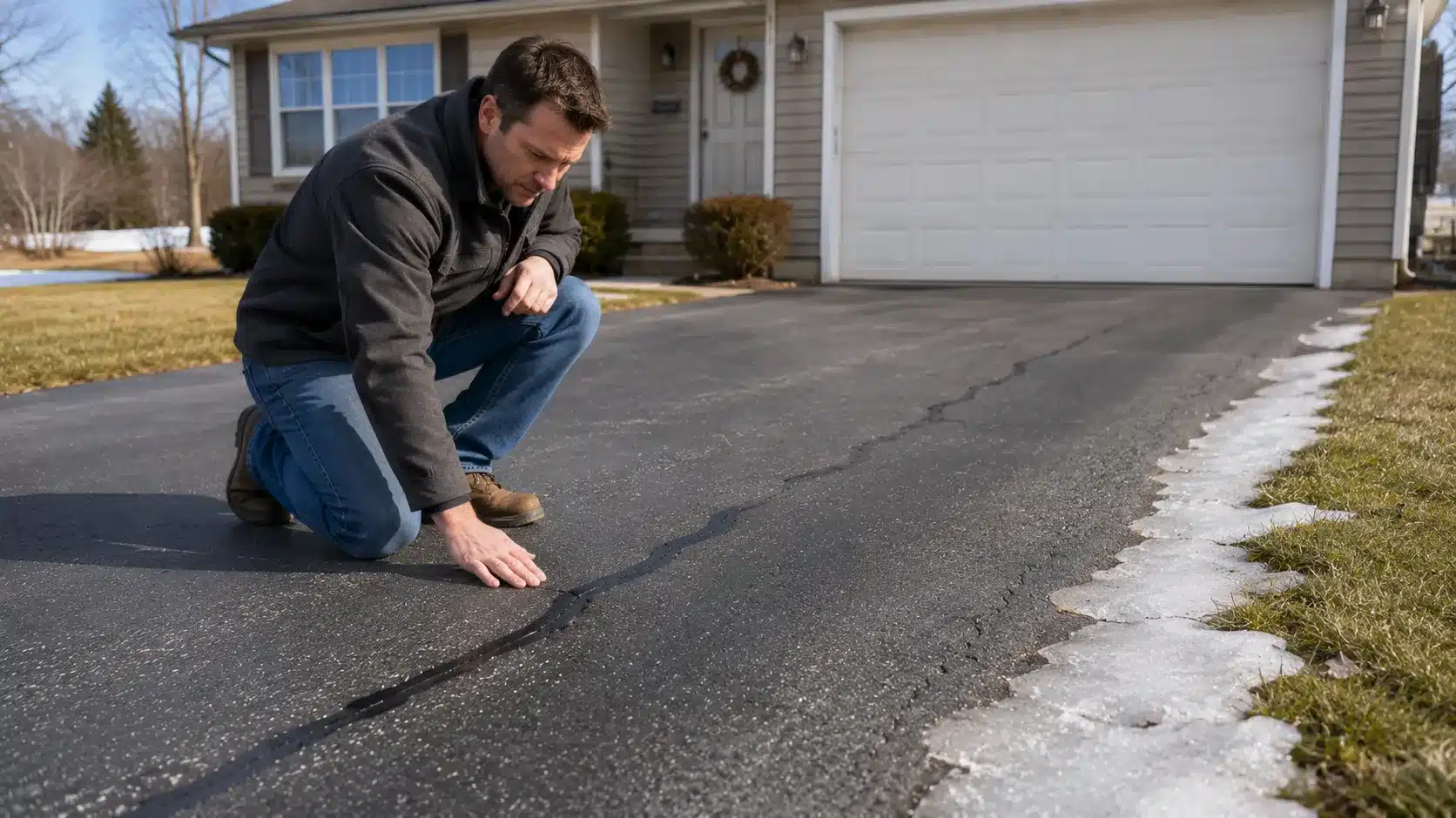 homeowner checking a repaired asphalt driveway after winter to see how long the repair will last