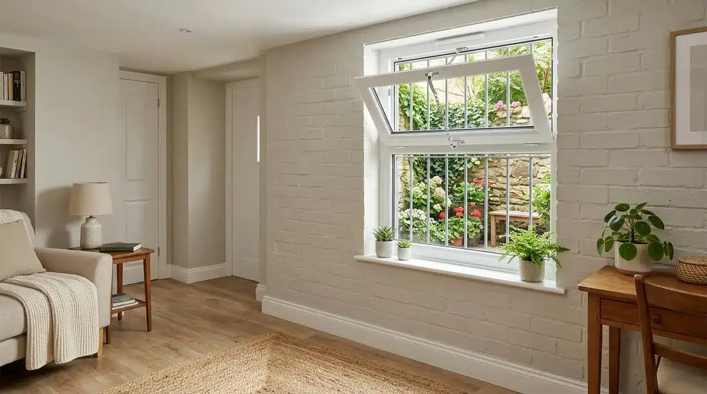 hopper window tilted inward in a basement showing compact ventilation and safety