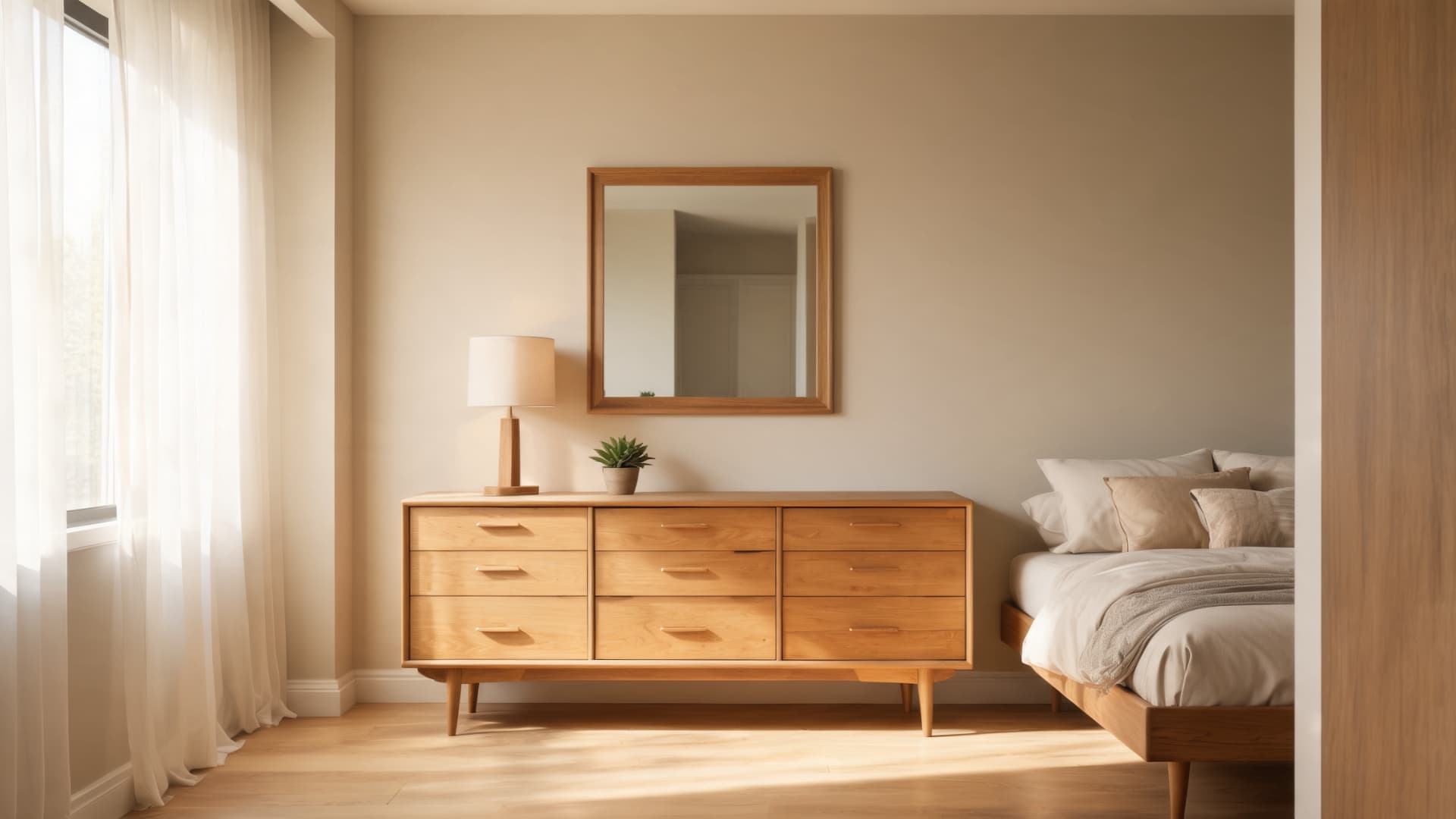 sunlit minimalist bedroom with wooden horizontal dresser soft beige tones and cozy modern decor
