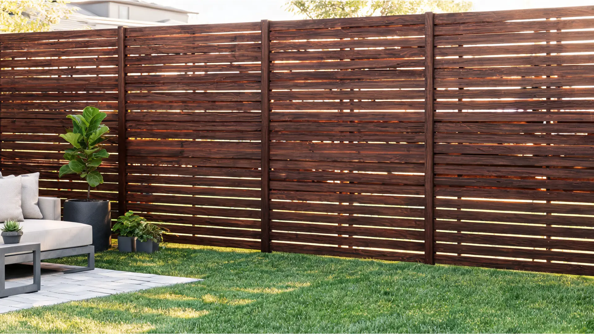 dark stained horizontal wood slat fence with narrow gaps, patio seating, lawn, and potted plants