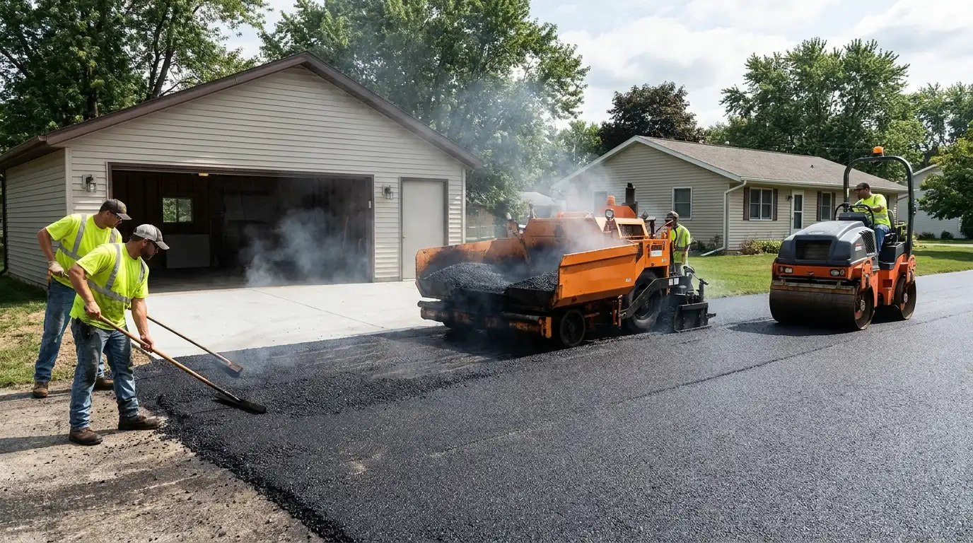 hot asphalt being laid and compacted on a residential driveway by paving workers