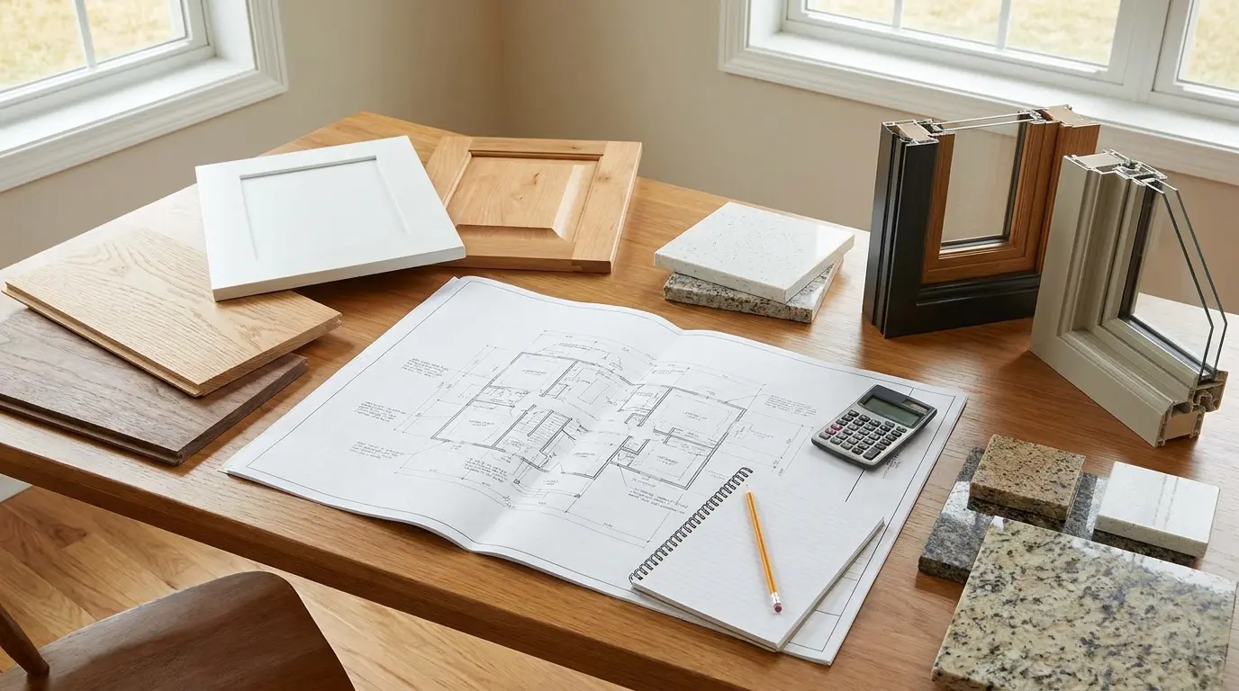 house plans with material samples and window choices showing design and finish costs for a new hom