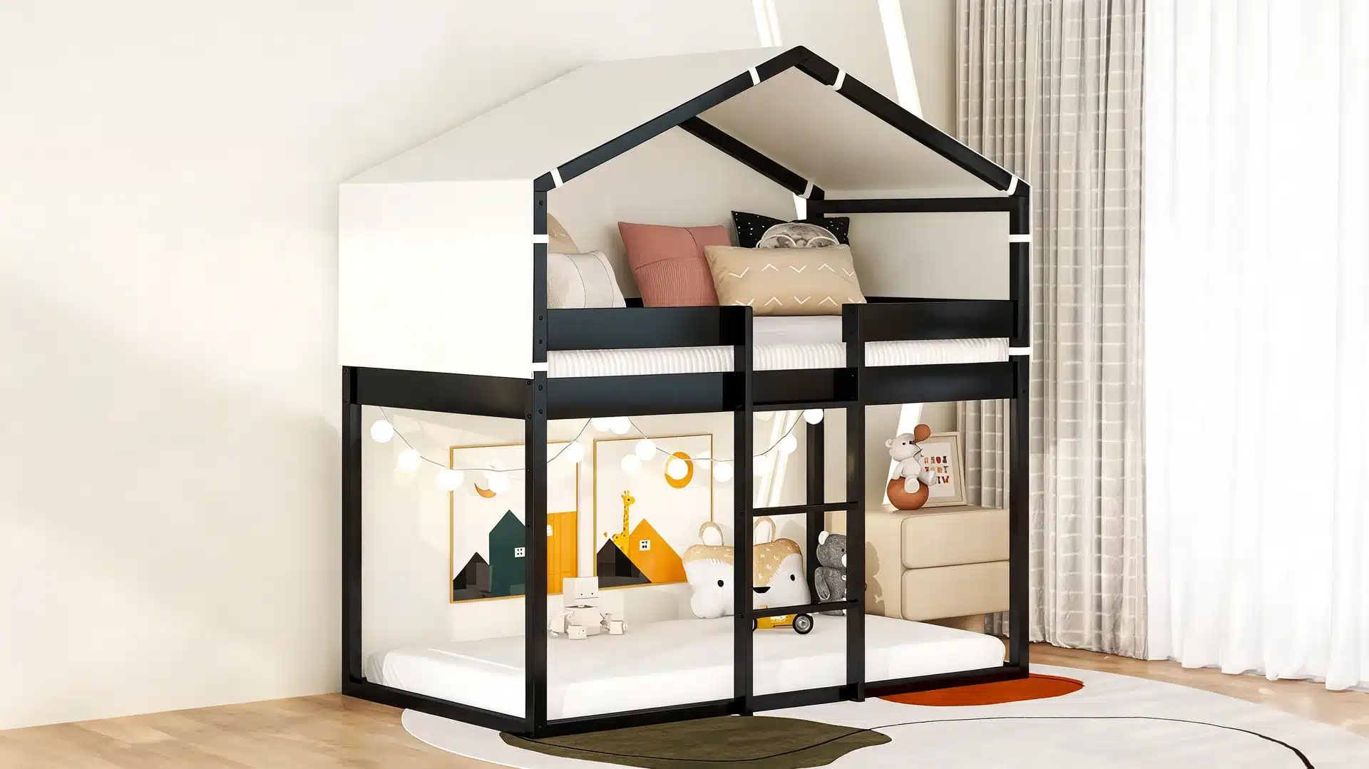 house style bunk bed in a kids room with simple frame soft bedding and safe layout