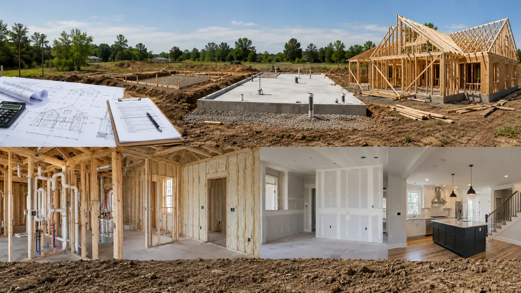 construction stages shown from planning and foundation to framing, drywall, and finished kitchen